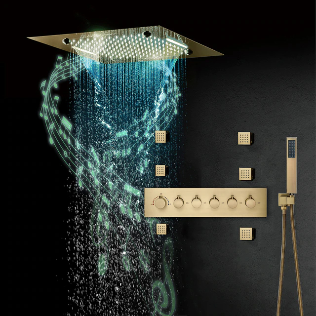 Brushed Gold Thermostatic Remote Controlled Recessed Ceiling Mount LED Rainfall Waterfall Mist Musical Shower System with Hand Shower and Jetted Body Sprays
